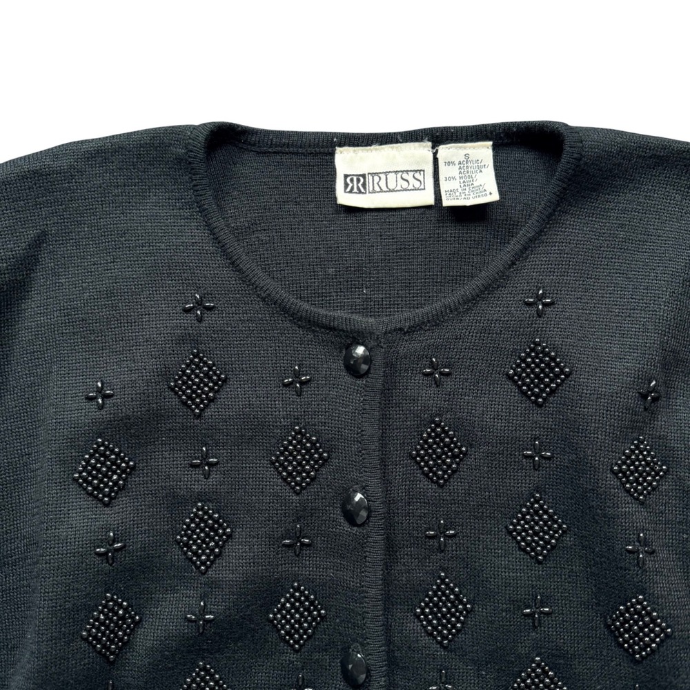 Vtg Russ Small Black Beaded Cardigan Wool Blend 3/4 Sleeve Winter Minimalist